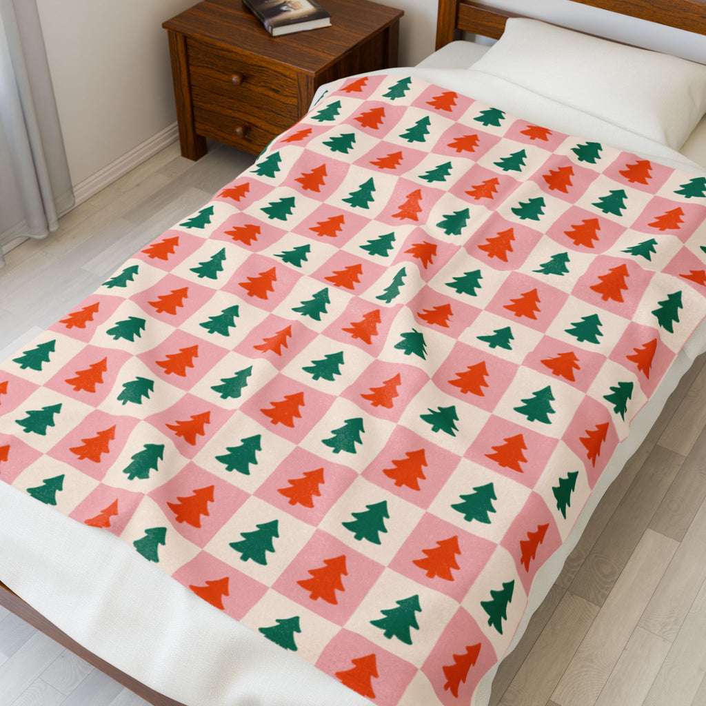Checkered Trees Velveteen Plush Blanket