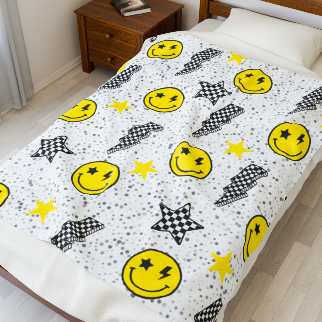 Bright Checkered Smiley Velveteen Plush Blanket